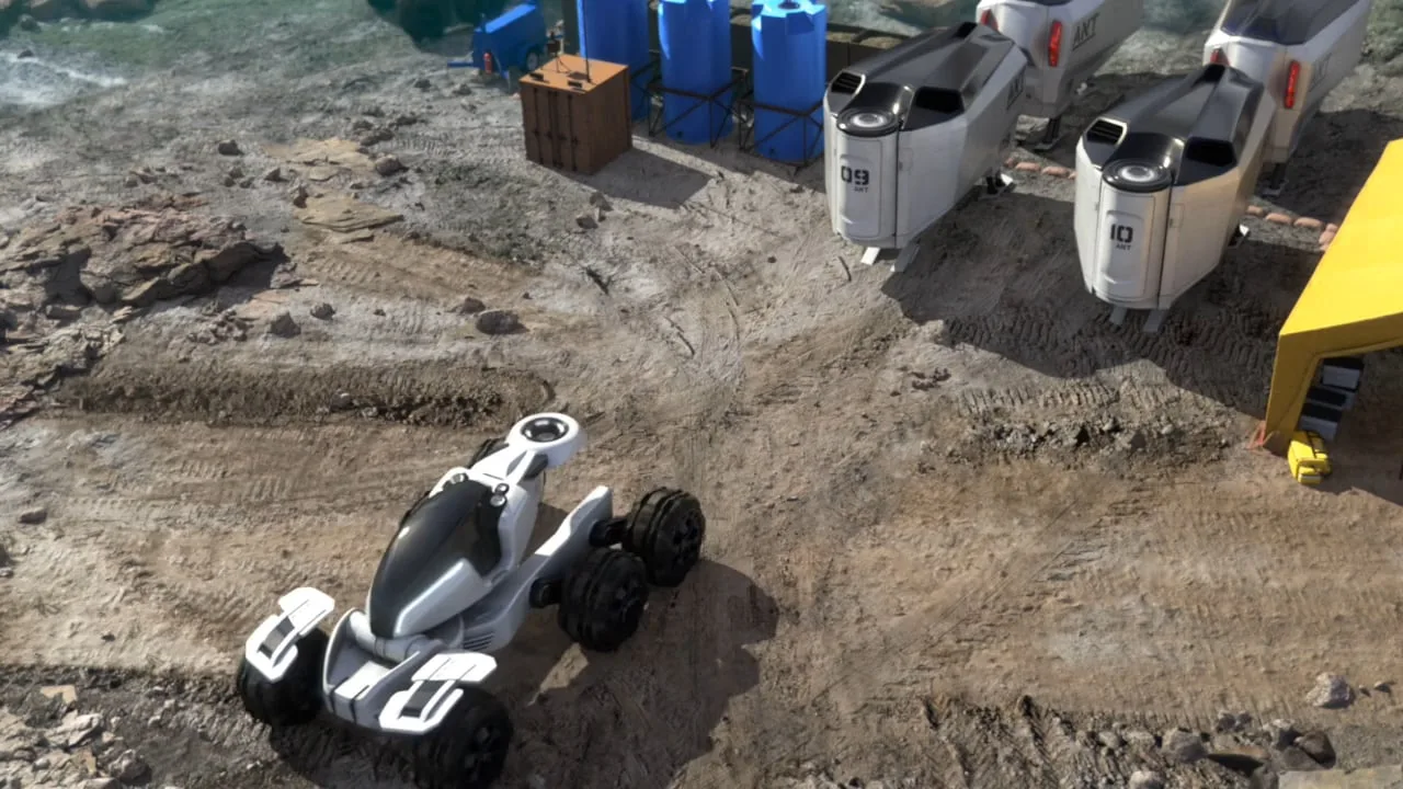 ANT — a photoreal CG environment: rover and base camp on a rocky coastline