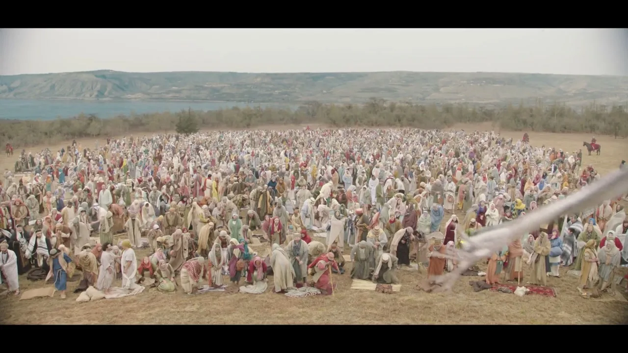 The Chosen, season 2 — a vast crowd gathered on a hillside above the lake