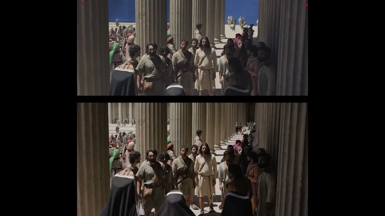 The Chosen, season 4 — a temple courtyard shot shown as plate above, finished frame below