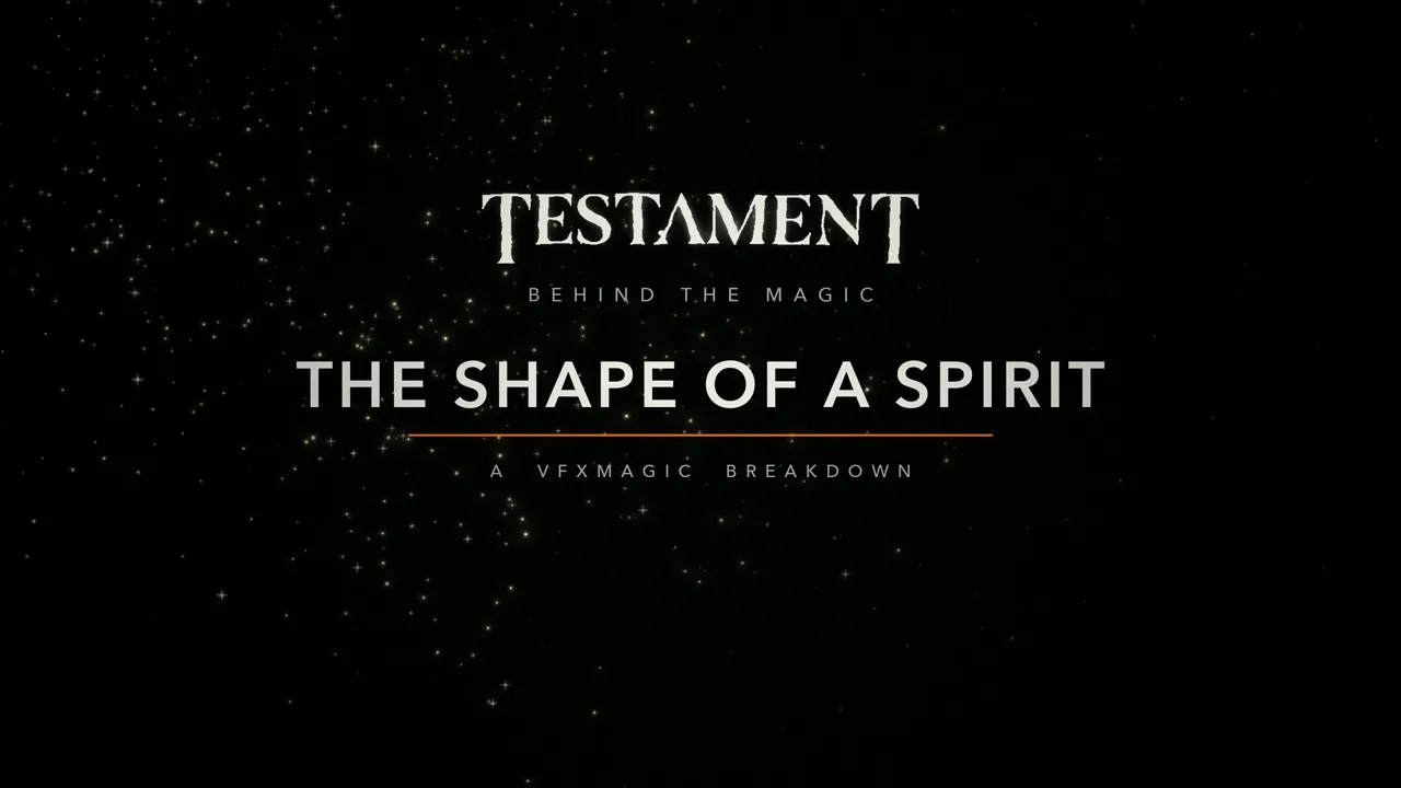 The title card of The Shape of a Spirit, the Testament wordmark held in a drifting field of gold particles